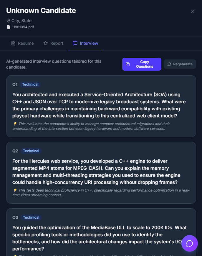 Technical Q&A Generation — Automatically generate architecture and coding questions based on the candidate' — Instalent.ai Tech & IT Recruiting