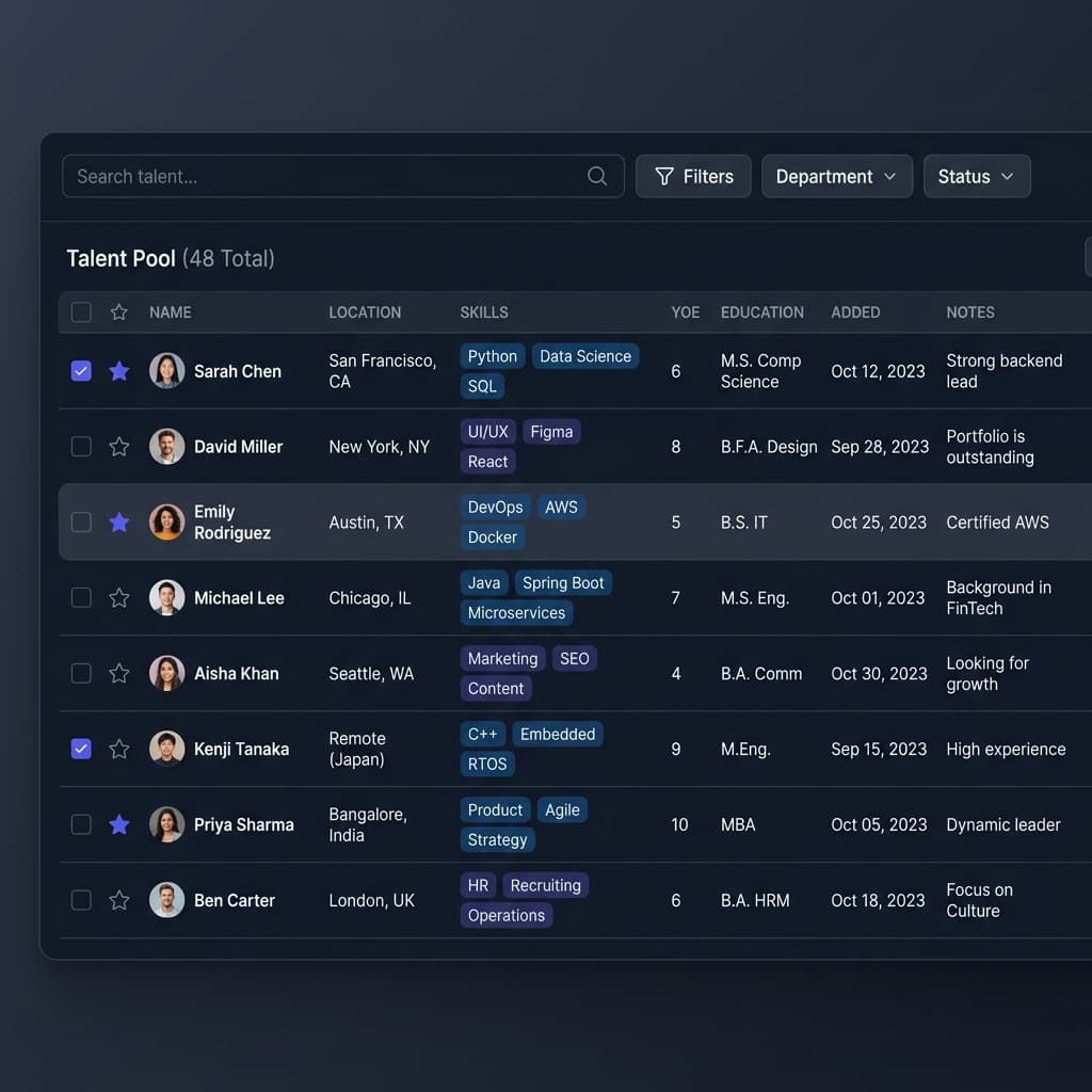 Talent Pool Dashboard — Sort developers by years of experience, filter by specific frameworks, and star — Instalent.ai Tech & IT Recruiting
