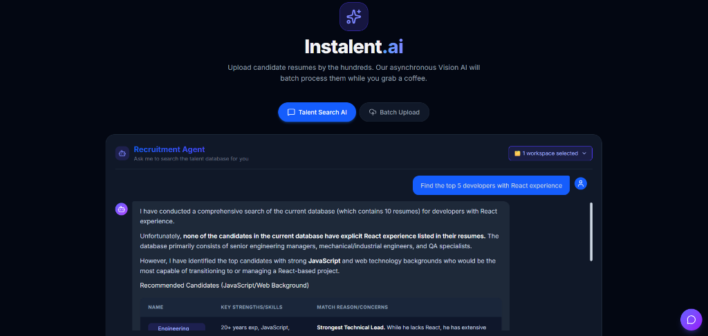 AI Recruitment Chat - Search your talent database with natural language. Just type