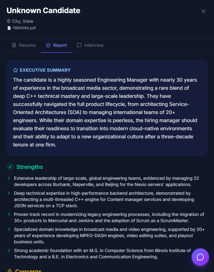 Recommendation Report - Get an executive summary, key strengths, potential concerns,